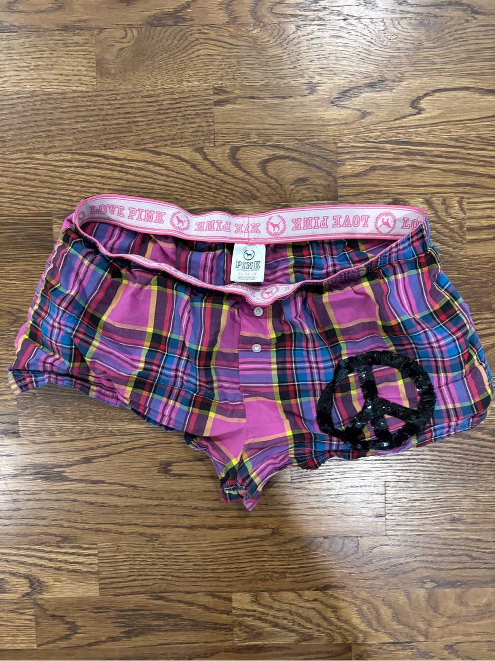 PINK Victoria's Secret Pink Plaid Sleep Shorts with Black Sequin Peace Sign